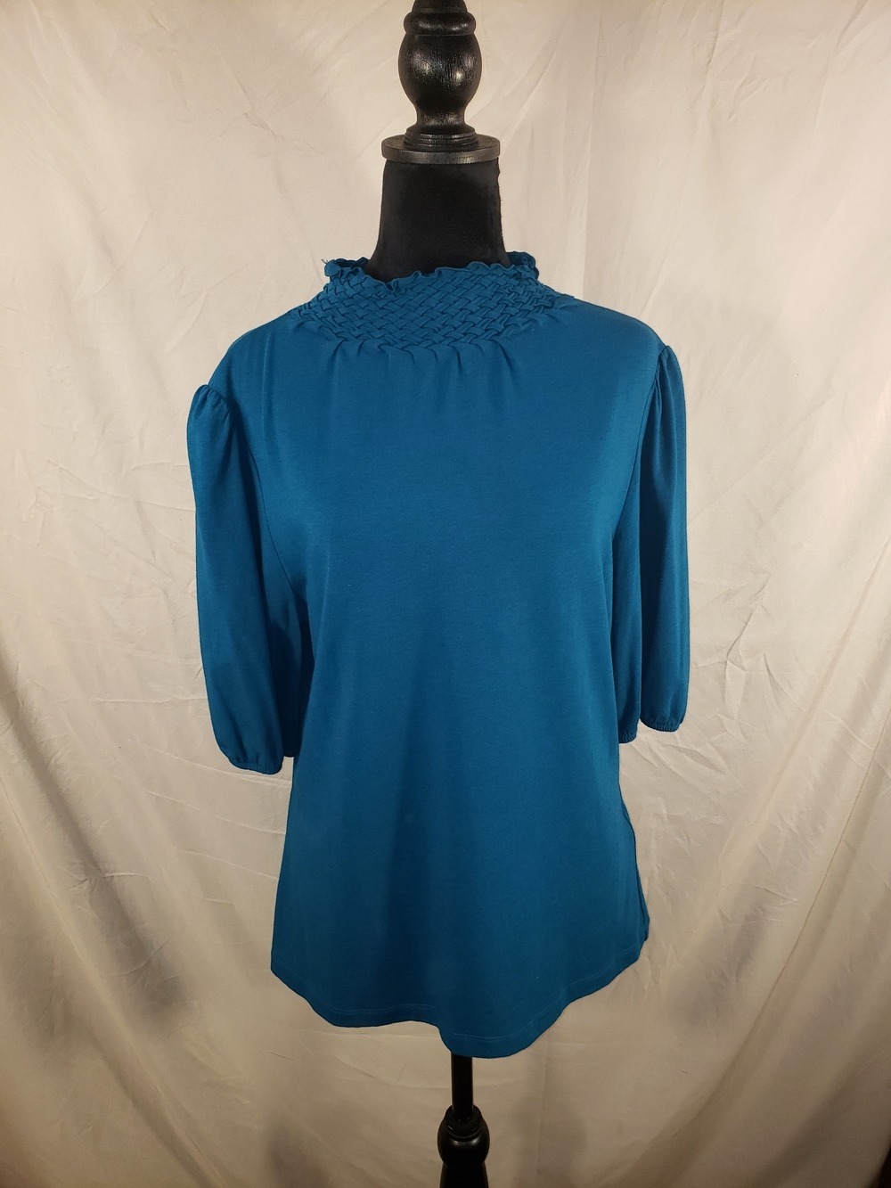 Peter Nygard Teal Smocked Neck Puff Sleeve Knit Top - L